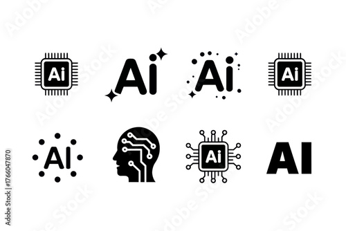 Illustrations depicting artificial intelligence with ai text and circuit board designs in black and white