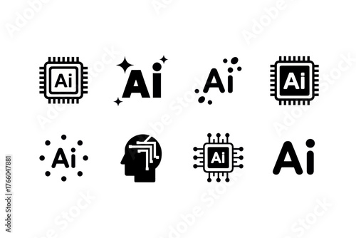 Illustration of artificial intelligence concepts represented by icons and ai text in various styles