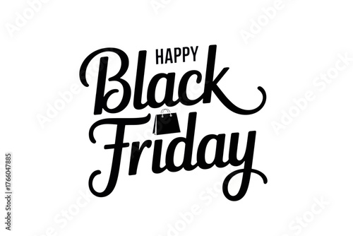 Happy black friday text in elegant script with shopping bag icon for promotional sale event graphic design