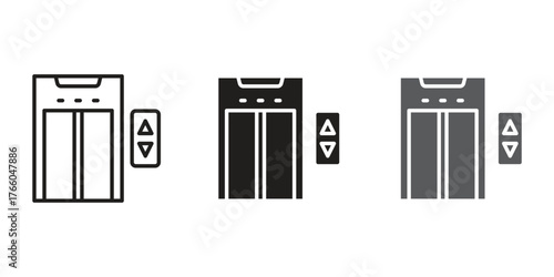 Elevator and lift icons in flat, glyph, and line art styles for building directories, maps, or vertical transportation systems.