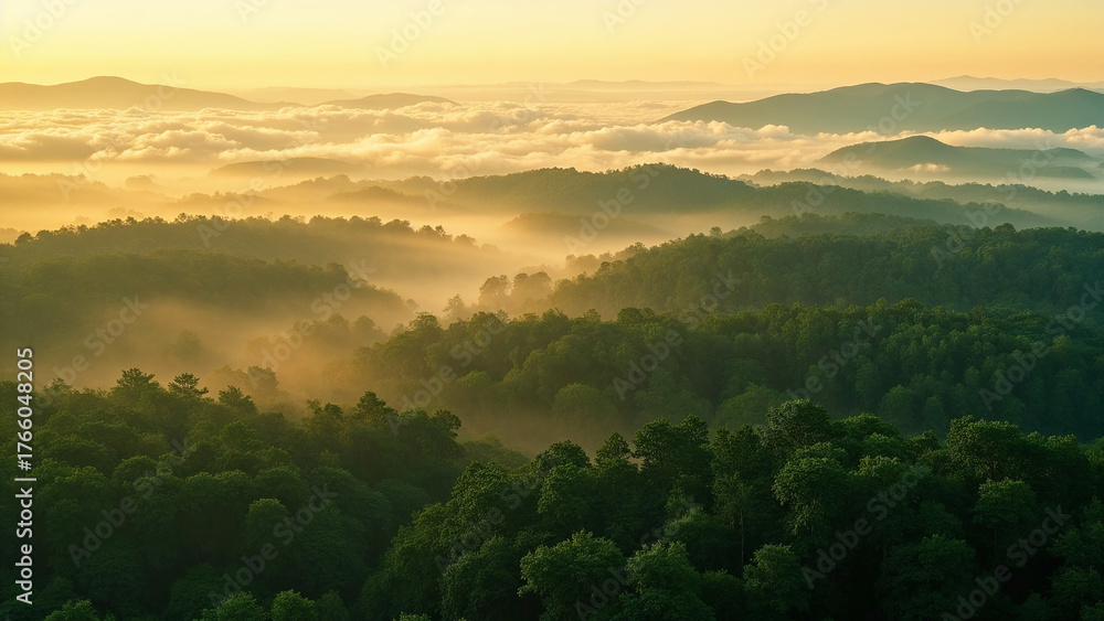 Fototapeta premium Misty Forest Landscape at Sunrise Evoking Peace and Tranquility for Nature Blogs, Travel Websites, Meditation Content, and Environmental Awareness