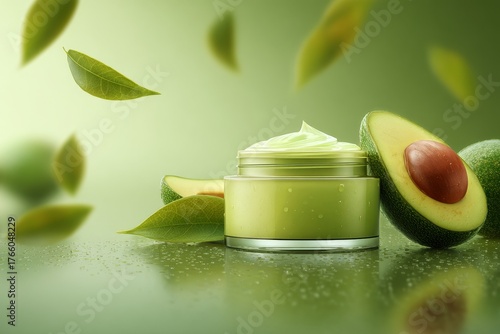 Natural Avocado Cream Displayed With Fresh Avocados and Leaves in a Green Set...