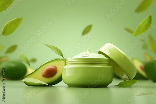 Natural Avocado Cream Displayed With Fresh Avocados and Leaves in a Green Set...