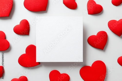 Red Hearts Surround a Blank White Box on a Light Surface for Gift Presentation