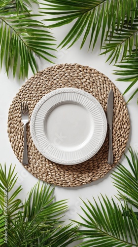 Elegant Dining Setup With White Plate and Cutlery Surrounded by Green Palm Le...
