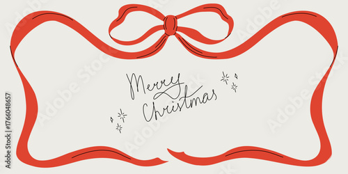 Vintage red ribbon frame with Merry Christmas words. Hand drawn bow border for greeting cards or Christmas party invitations in coquette style. Vector illustration