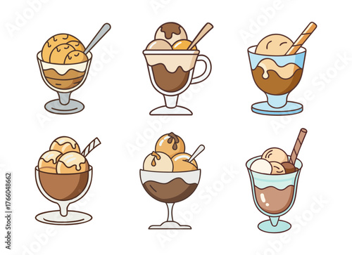 Collection of delicious ice cream sundae flavors in glasses vector illustration dessert treats