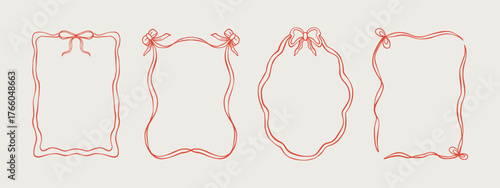 Vintage red ribbon frame set. Coquette elegant frames and borders for Valentine cards, greeting cards, wedding, birthday, Christmas party invitations. Vector design