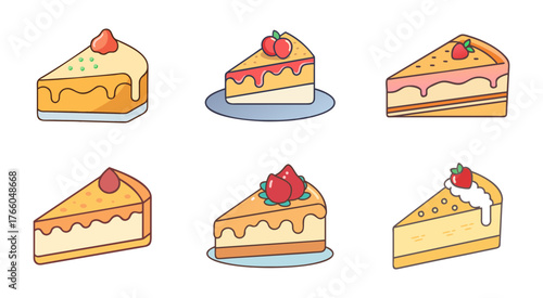 Delicious cake slice collection with strawberry toppings vector illustration dessert set design