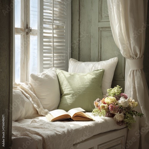 Cozy Reading Nook With Soft Pillows, Open Book, and Fresh Flowers in Bright S...