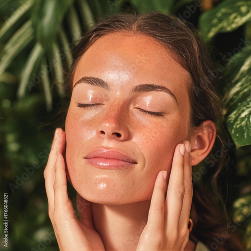 Woman Enjoying a Skincare Routine in a Lush Tropical Setting During a Sunny Day