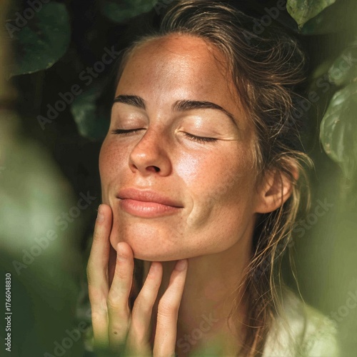Woman Enjoying a Skincare Routine in a Lush Tropical Setting During a Sunny Day
