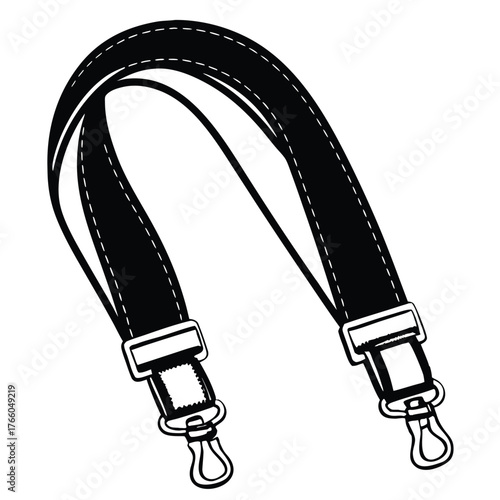 Black and white illustration of a camera strap with clips on white background photography accessory drawing