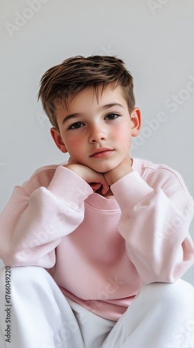 Young Boy in Casual Pink Sweater Seated With a Thoughtful Expression
