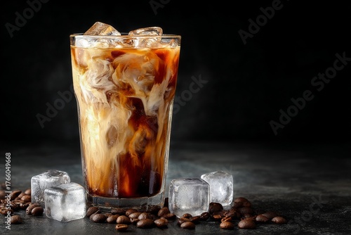 Iced Coffee With Cream and Ice Cubes on Dark Background for Refreshing Enjoyment
