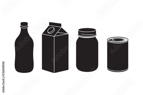 Four black silhouettes of beverage containers on white background