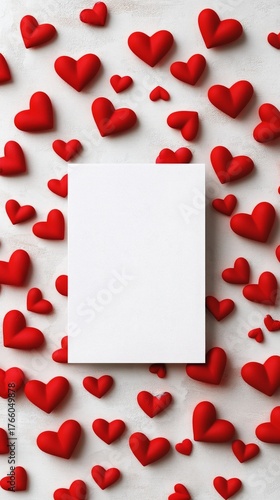 Red Hearts Surround a Blank Card on a White Surface for Creative Design and C...