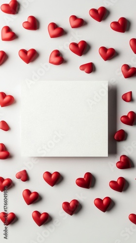 Red Hearts Surround a Blank Card on a White Surface for Creative Design and C...