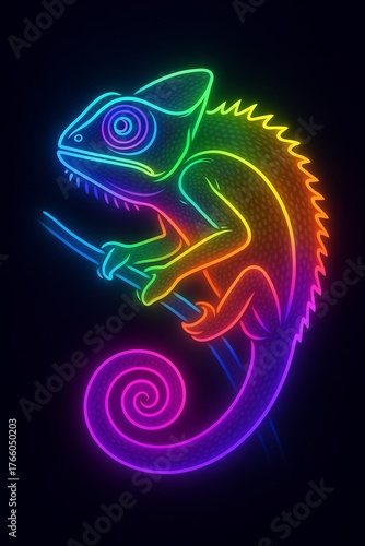 Fototapeta Naklejka Na Ścianę i Meble -  Vibrant glowing neon chameleon sitting on branch in dark background. concept of wildlife, nature, and bright colorful art design.