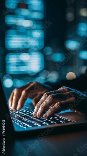 Hands Typing on Laptop at Night With Glowing Screen and Blurred Background Li...