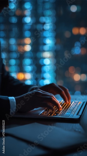 Hands Typing on Laptop at Night With Glowing Screen and Blurred Background Li...