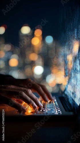 City Skyline at Night With Hands Typing on a Laptop Keyboard in a Cozy Enviro...