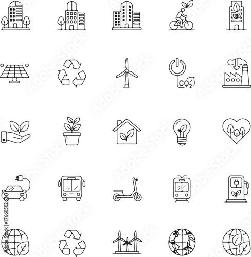 Green City Icon Set – Eco-Friendly Vector Icons for Sustainable Urban Development
