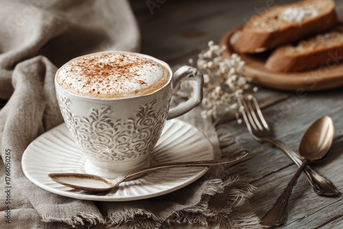Warm Coffee Served in an Elegant Cup With Spices and Toasted Bread on Wooden ...