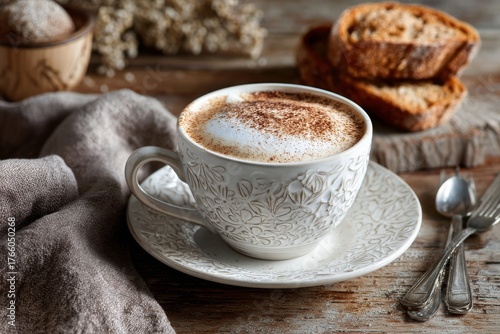Warm Coffee Served in an Elegant Cup With Spices and Toasted Bread on Wooden ...