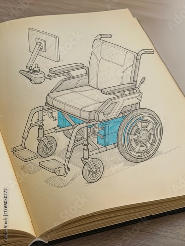 Blueprint Concept Sketch of a Modern Electric Wheelchair Design