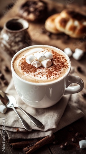 Warm Drink Topped With Marshmallows on a Rustic Table in a Cozy Setting