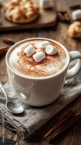 Warm Drink Topped With Marshmallows on a Rustic Table in a Cozy Setting