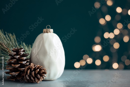 Decorative White Ornament With Pinecones and Holiday Lights in a Cozy Setting