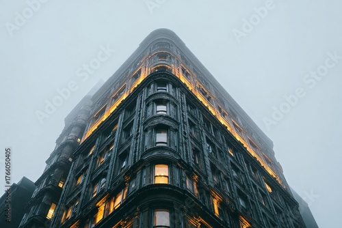 Historic Building Stands Tall Against a Foggy Sky in a Busy Urban Area at Dusk
