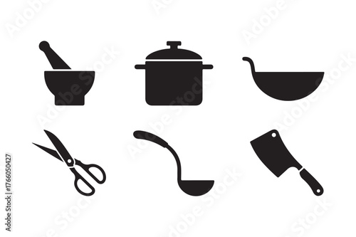 Collection of black kitchen utensil silhouettes on white background