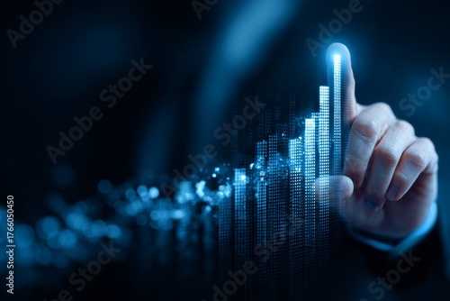 Business Professional Interacting With Digital Stock Market Data at Night in ...