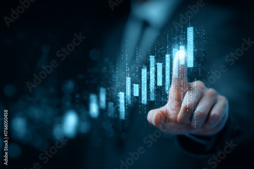 Business Professional Interacting With Digital Stock Market Data at Night in ...