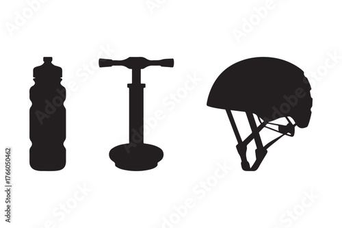 Silhouette of bicycle accessories including water bottle pump and helmet