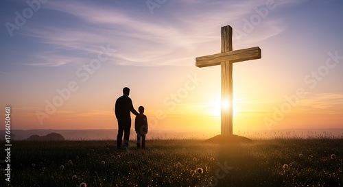 Resurrection of Easter Sunday Concept — Silhouettes of Father and Son Looking Toward the Cross on a Meadow at Sunrise, Symbolizing Faith, Hope, and Renewal