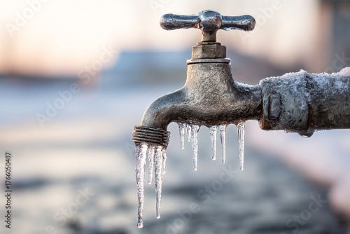 Frozen Faucet With Icicles Hanging in a Winter Street Scene During Early Morn...