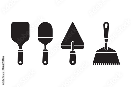 Set of four black silhouette construction and gardening tools