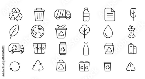 Recycling and eco sustainability line icons — waste sorting and green environment concept