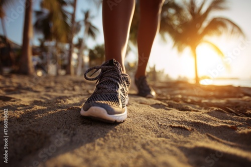 Walking on the Beach at Sunset in Athletic Shoes With Palm Trees in the Backg...
