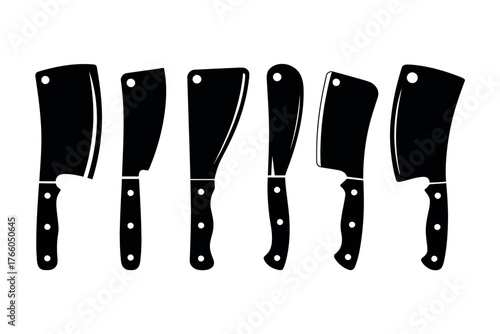 Illustration of six black butcher knives or cleavers in a row on a white background design element