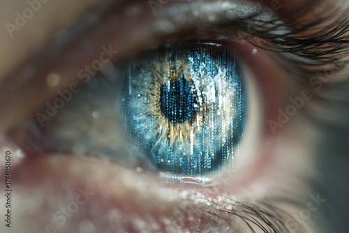 Eye Reflecting Digital Code and Data in a High-Tech Visualization of Technolo...