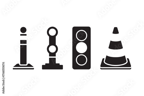 Black and white silhouettes of traffic control devices