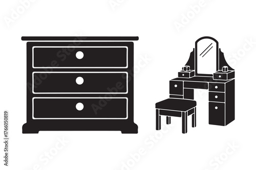 Black silhouette of a dresser and vanity with stool