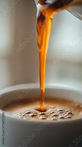 Pouring Freshly Brewed Coffee Into a White Cup in a Warm Setting at Morning L...