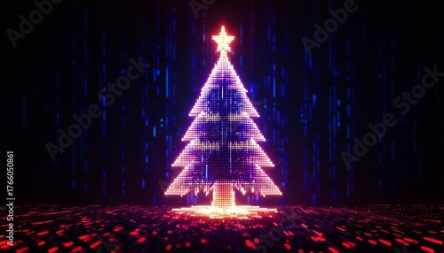 A Christmas tree made of pixels and lights, digital style, cyberpunk atmosphere