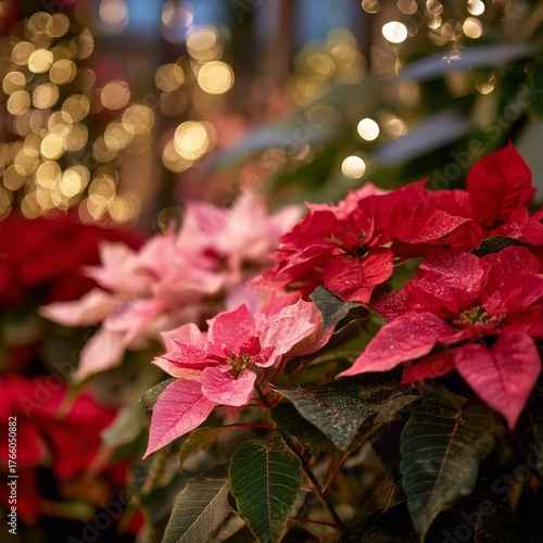 Vibrant Poinsettias Bloom With Festive Lights in a Cozy Indoor Garden Setting...